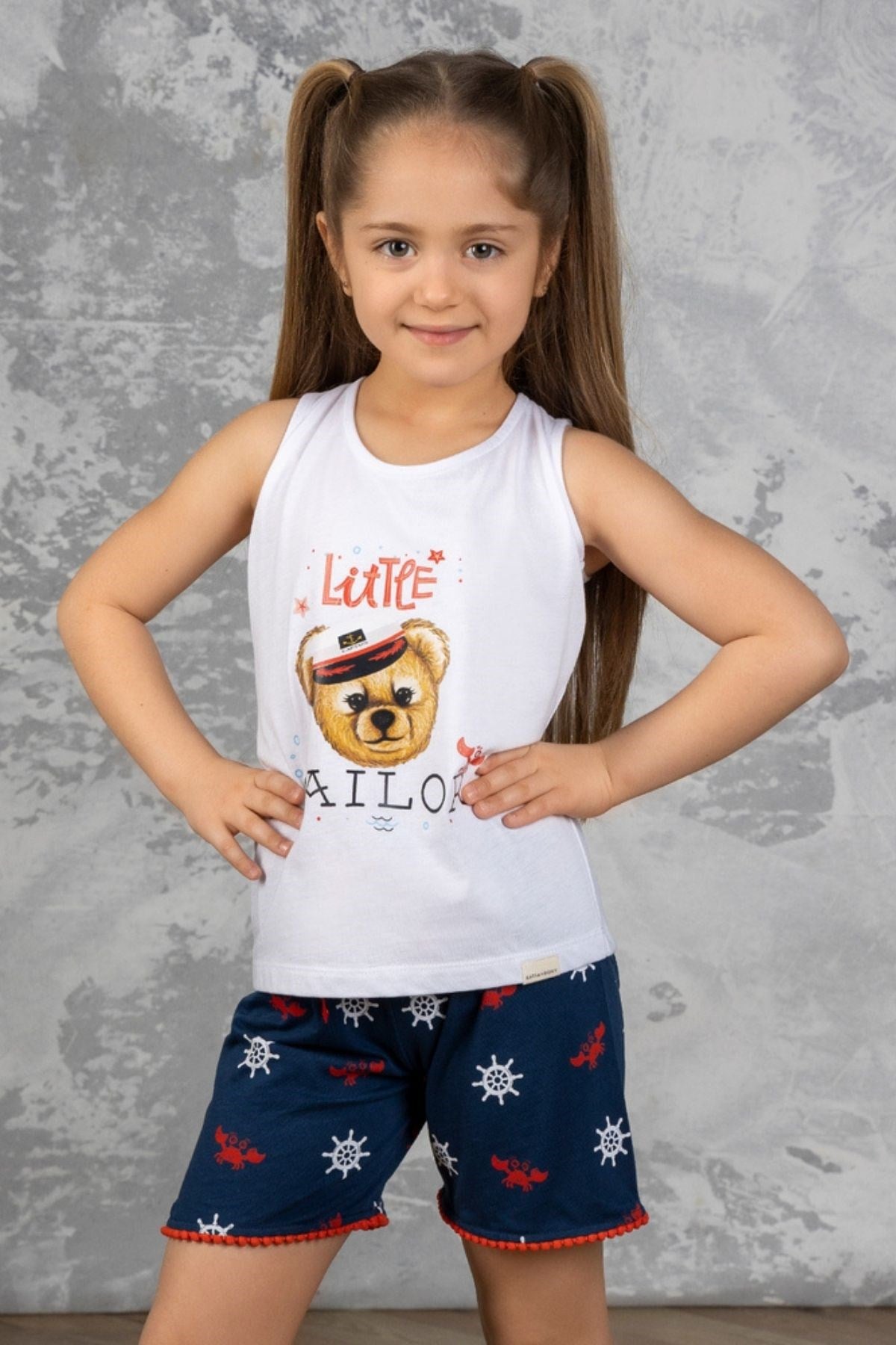 Marine Teddy Bear Desenli Kız Çocuk Şortlu Pijama Takımı-Beyaz