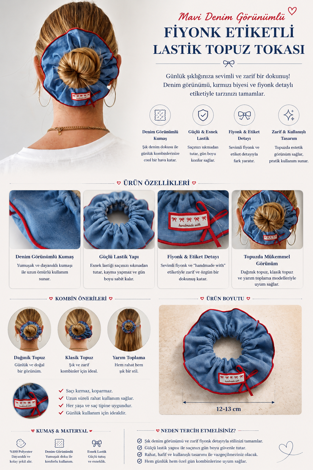 Mavi Denim Görünümlü Fiyonk Etiketli Lastik Topuz Tokası