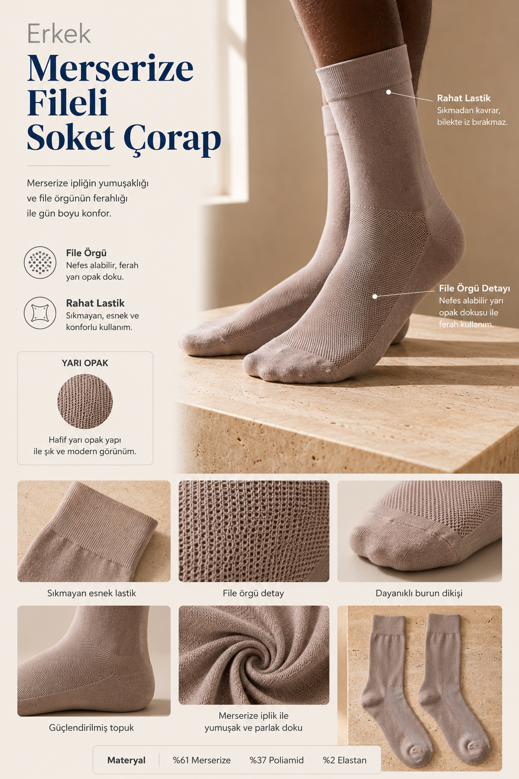 Mercerized Mesh Men's Sock Gray