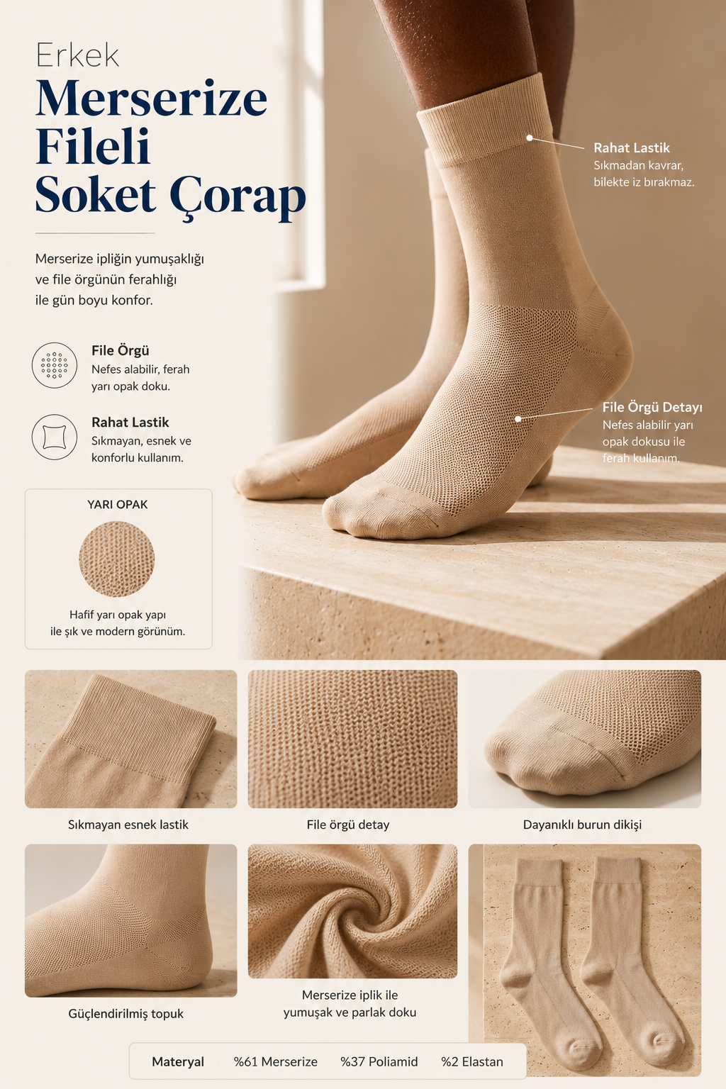 Mercerized Mesh Men's Short Socks Coffee Melange