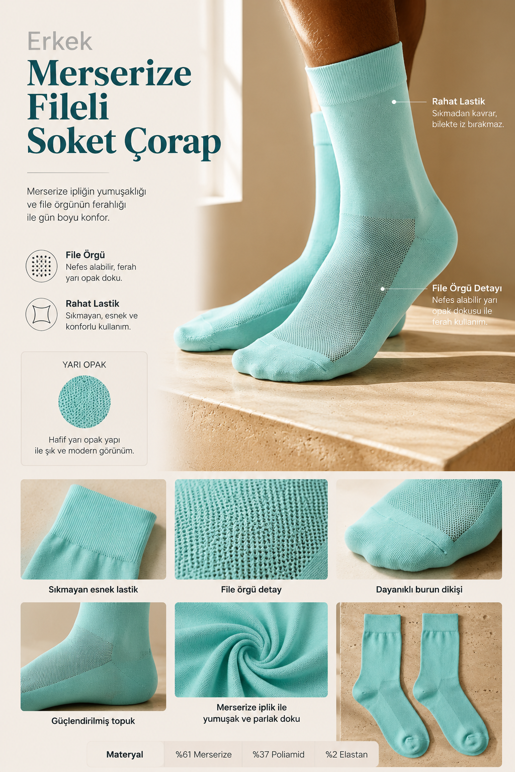 Mercerized Mesh Men's Socks Dark Turquoise
