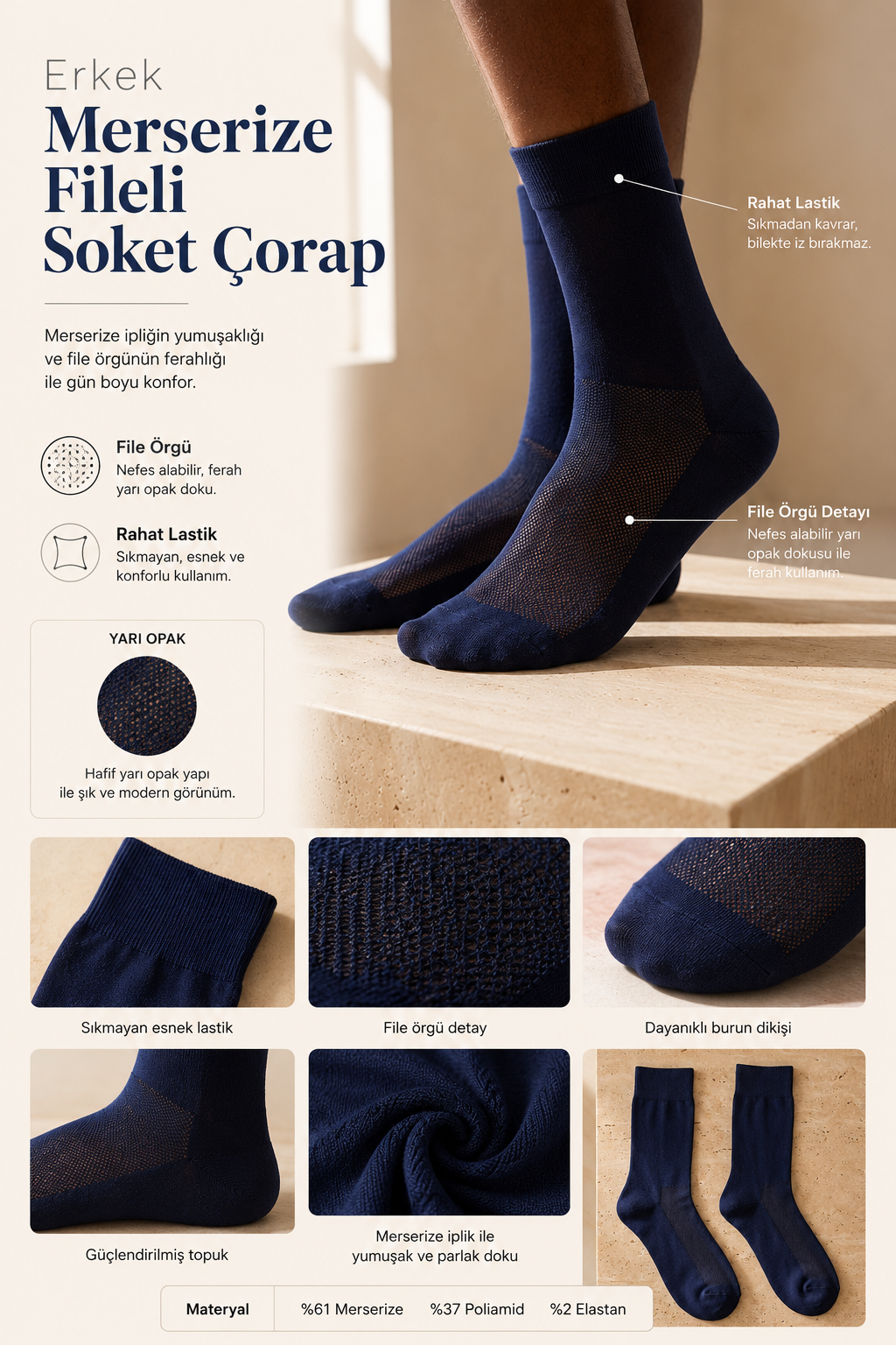 Mercerized Mesh Men's Sock Socks Navy Blue