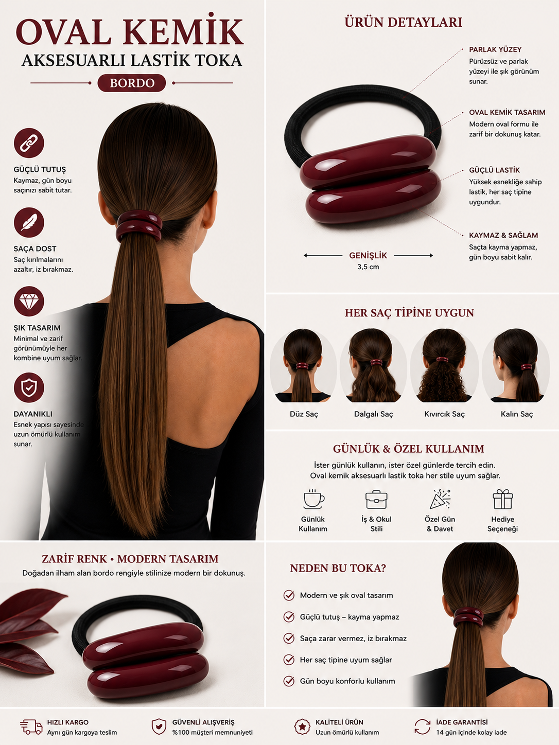 Oval kemik Aksesuarlı Lastik Toka Bordo