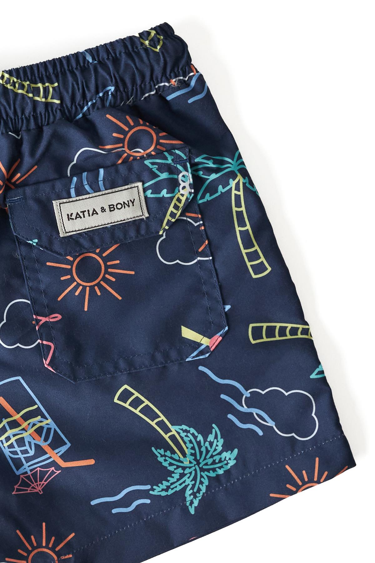 Palmiye Desen Çocuk Deniz Şortu Lacivert