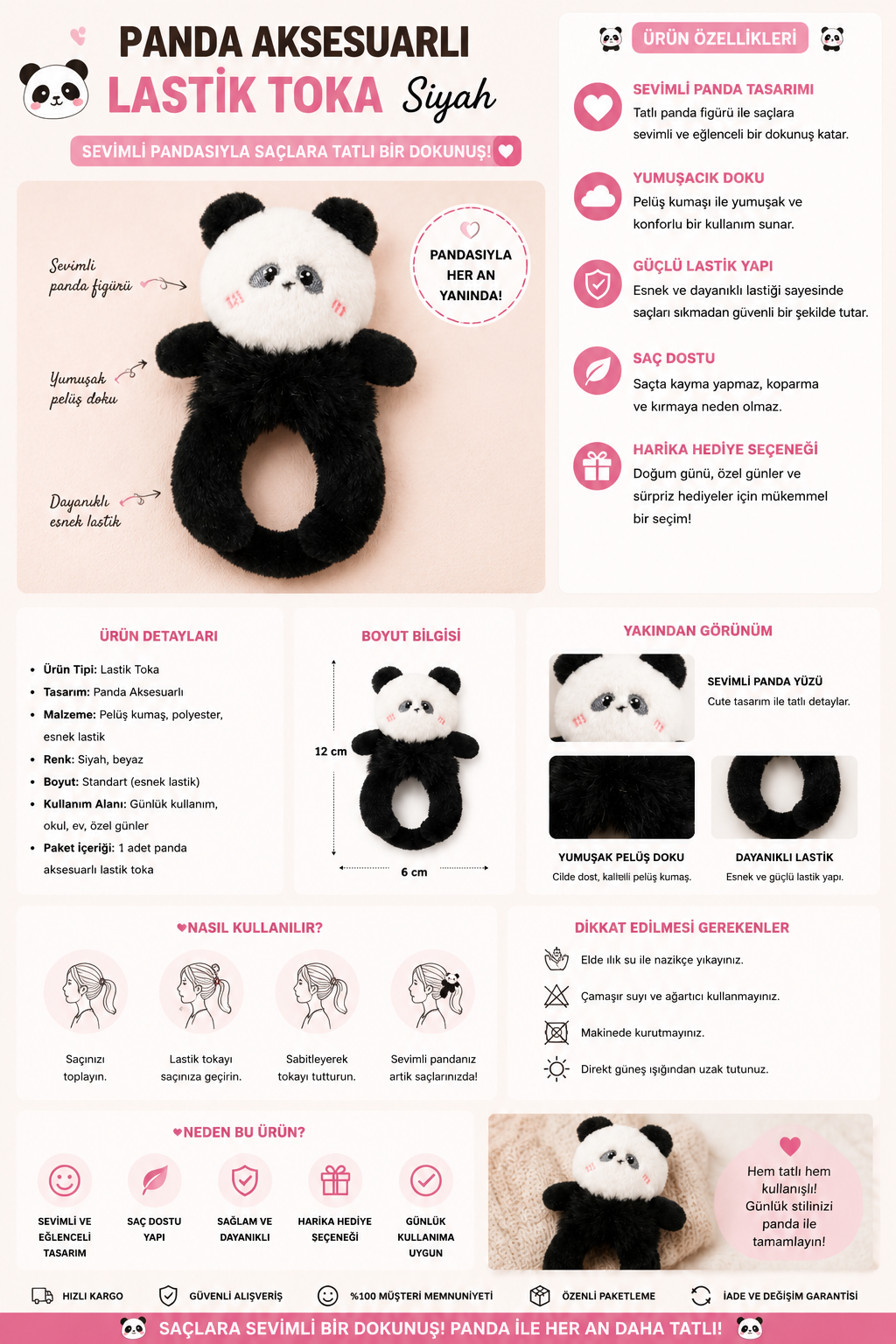 Panda Aksesuarlı Lastik Toka Siyah