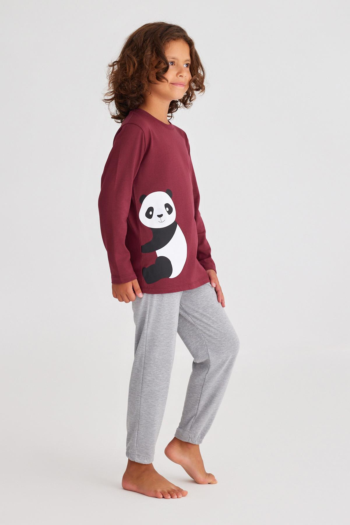 Panda Erkek Çocuk Pijama Takım Gri-Melanj./BORDEUX