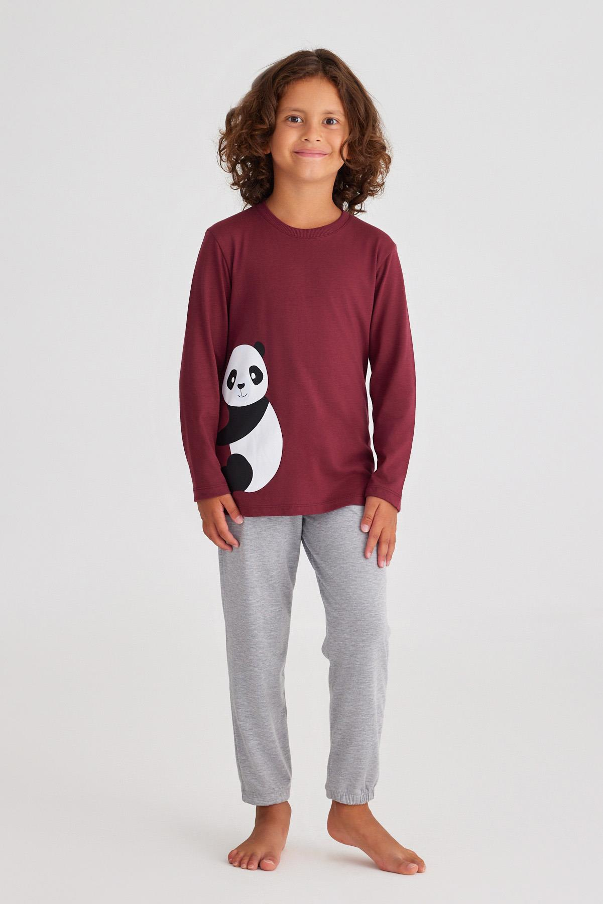 Panda Erkek Çocuk Pijama Takım Gri-Melanj./BORDEUX
