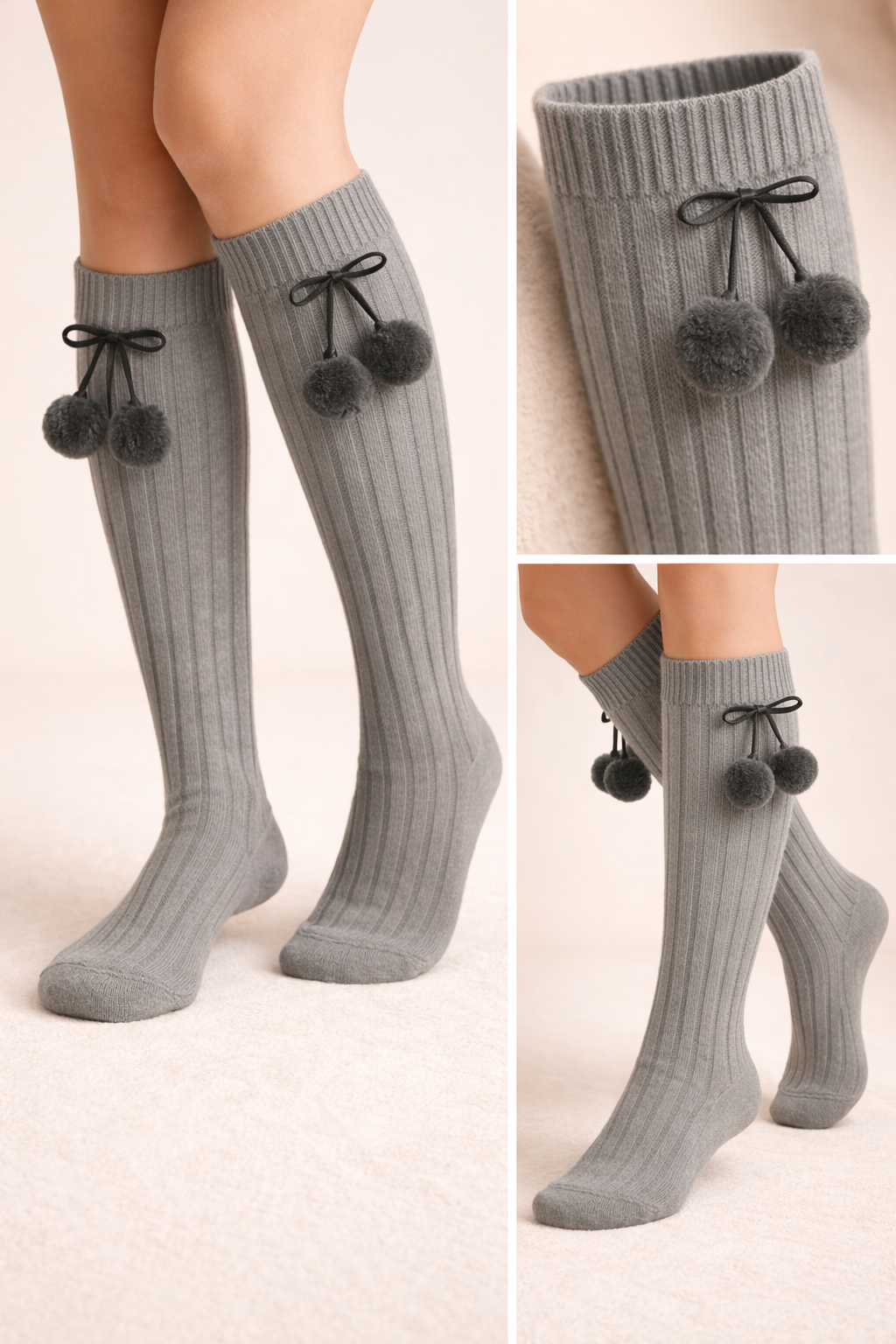 Ponpon Kız Çocuk Dizüstü Çorap Gri