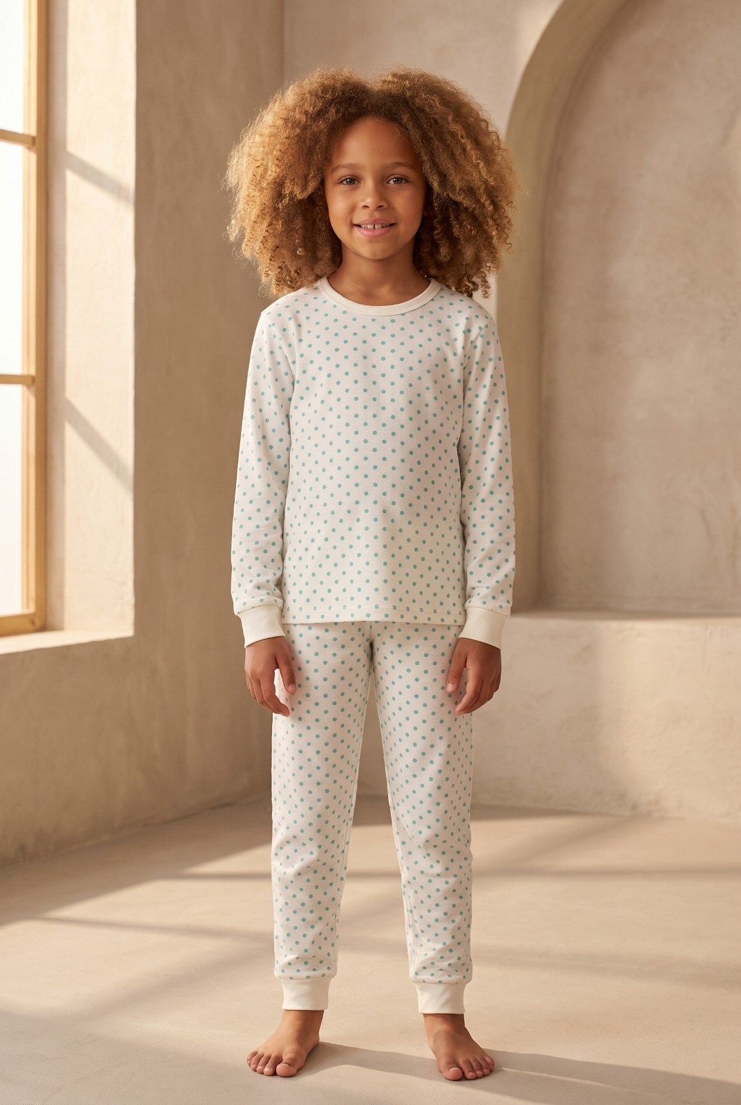 Puantiye Desen Çocuk Pijama Takımı Ekru