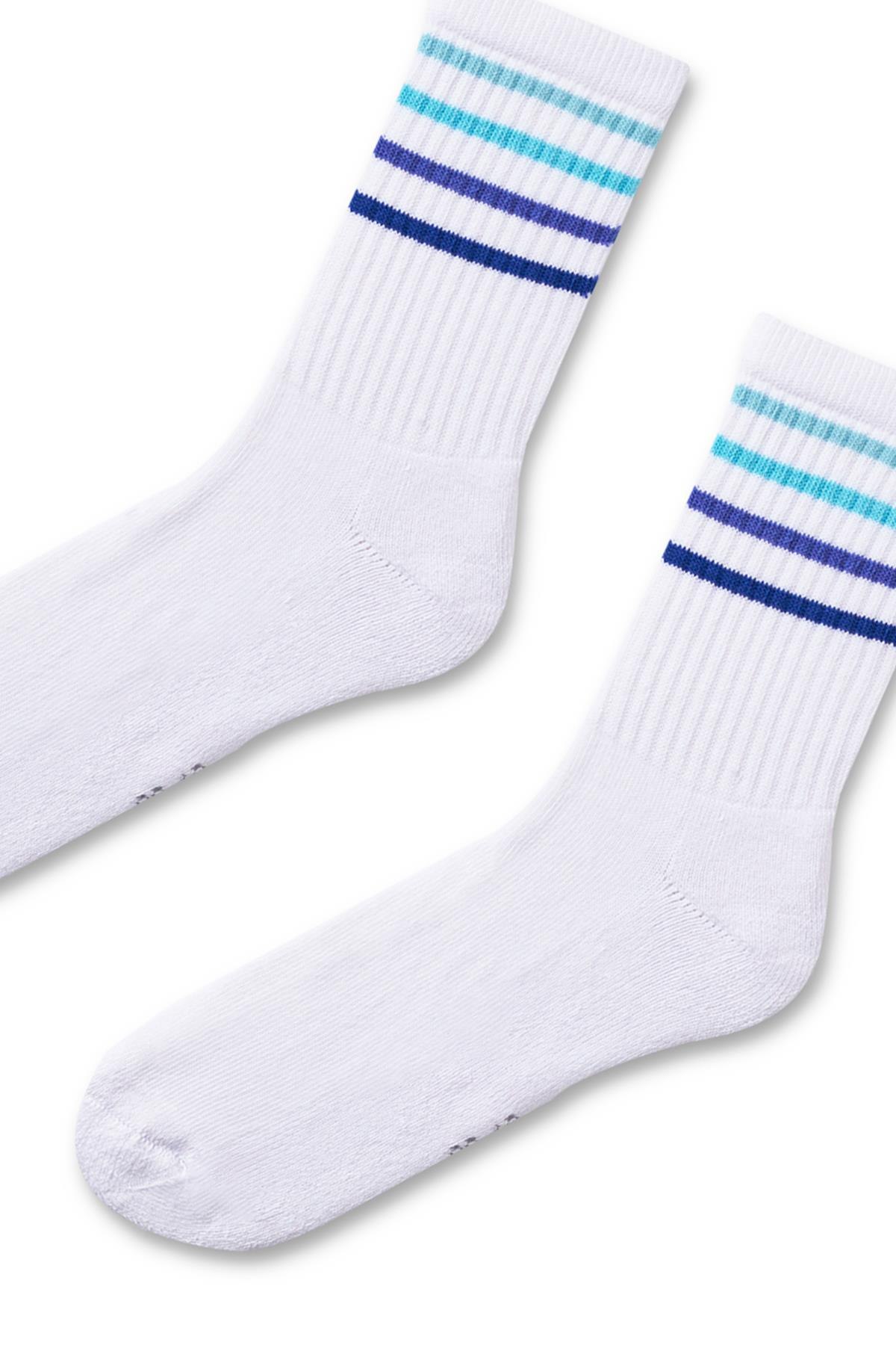 Renkli Çizgili Havlu Tabban Unisex Çorap Beyaz/MAVİ