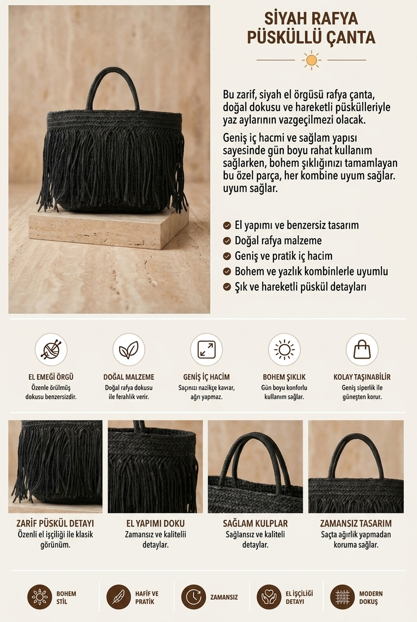 Saçaklı Siyah Hasır Çanta