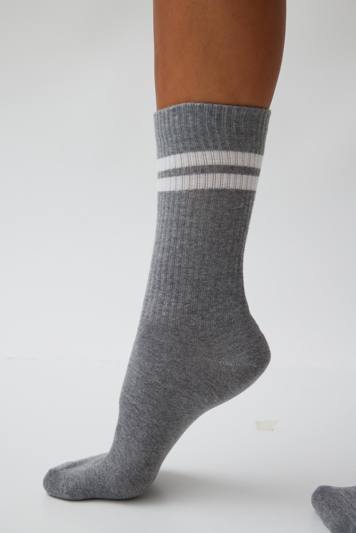 Şeritli Unisex Soket Çorap Gri