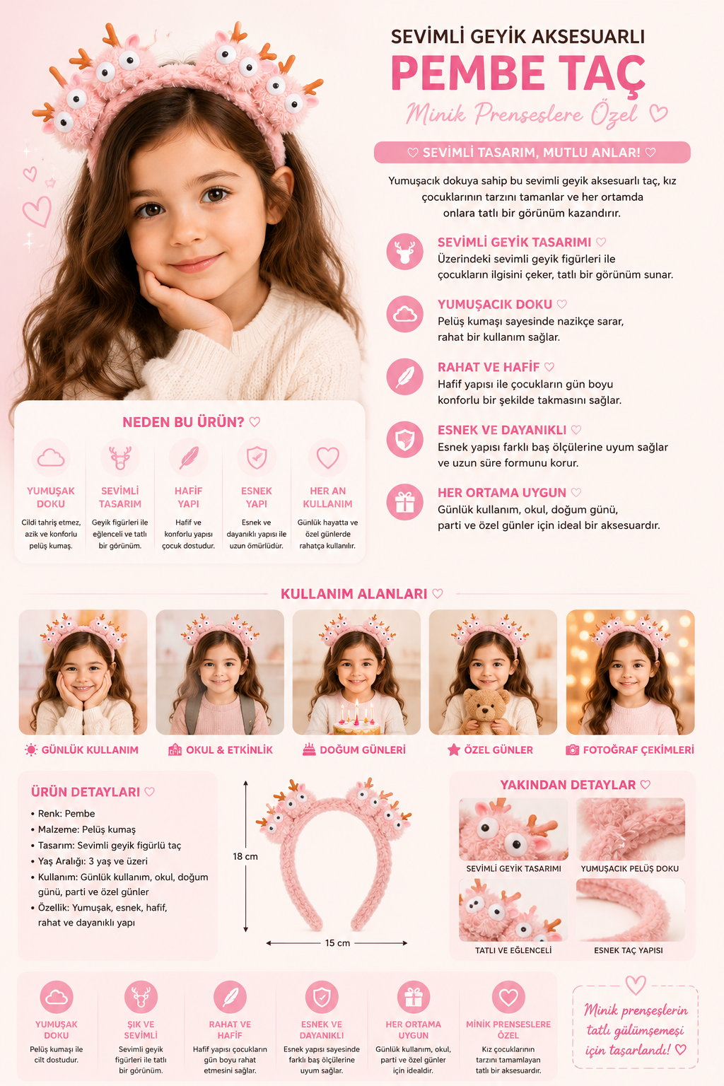 Sevimli Geyik Aksesuarlı Pembe Taç