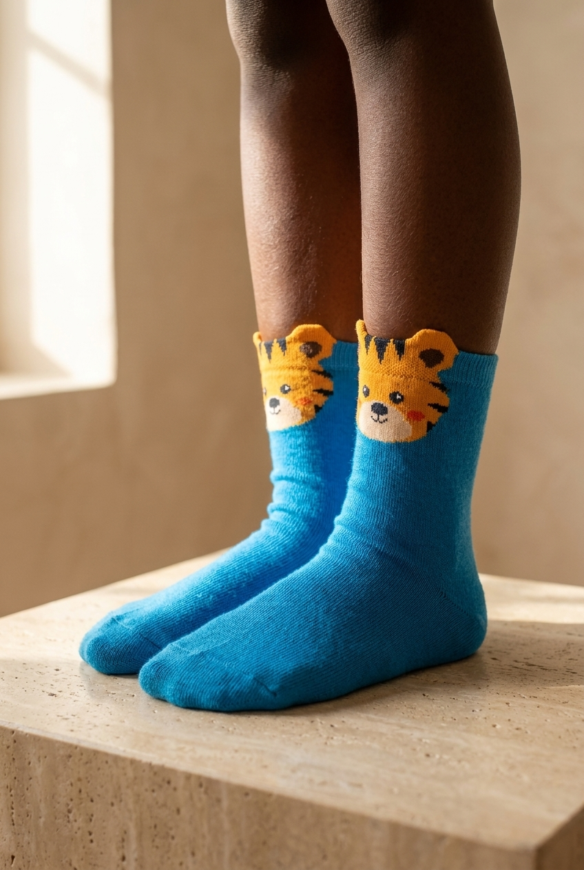 Blue Children's Socket Socks With Cute Animal Pattern