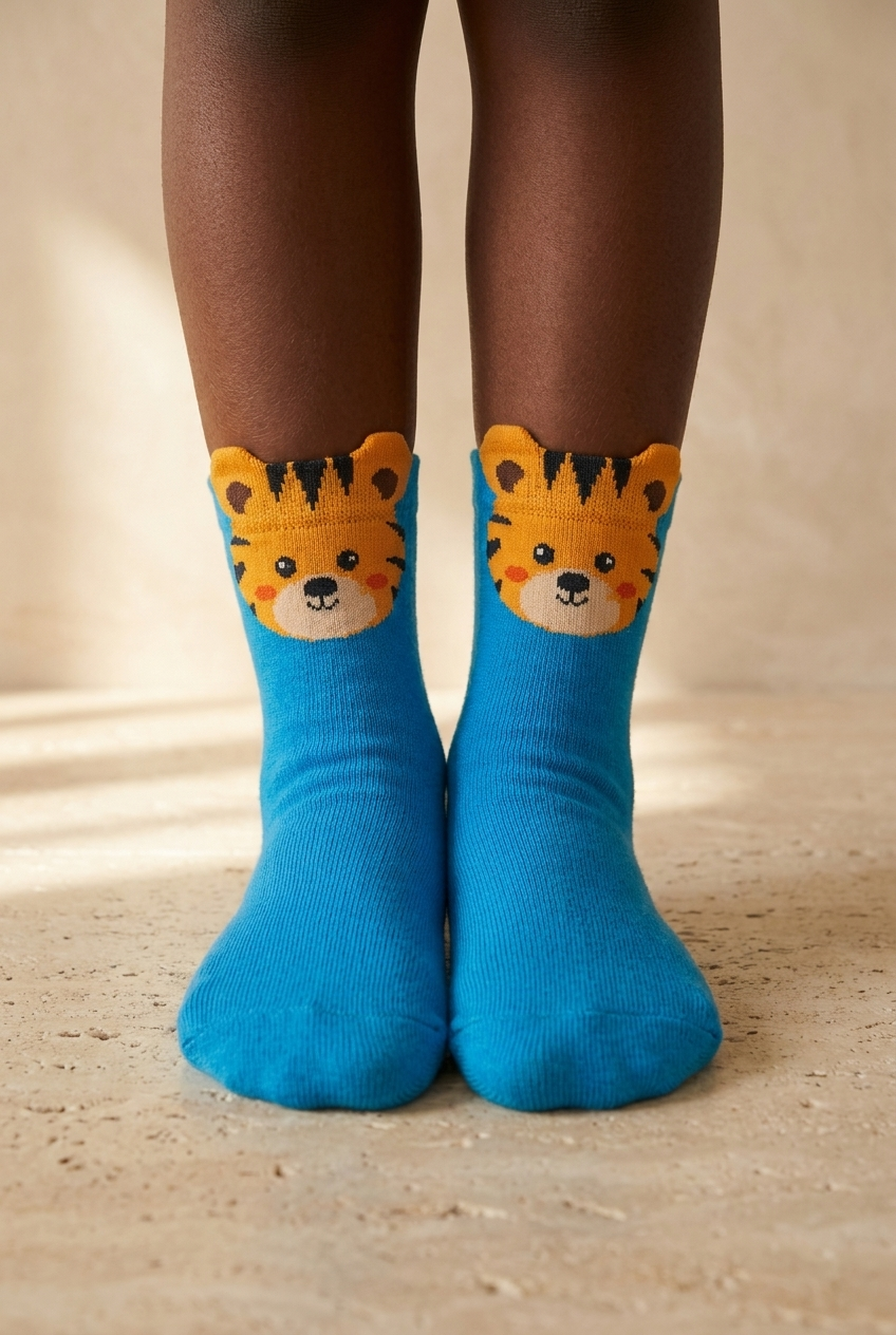 Blue Children's Socket Socks With Cute Animal Pattern