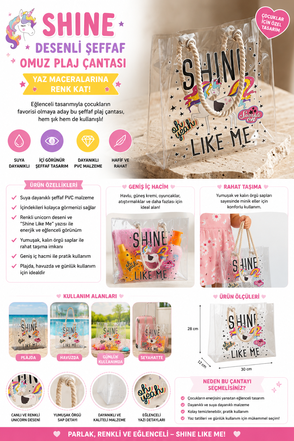 Shine Desenli Şeffaf Omuz Plaj Çantası 