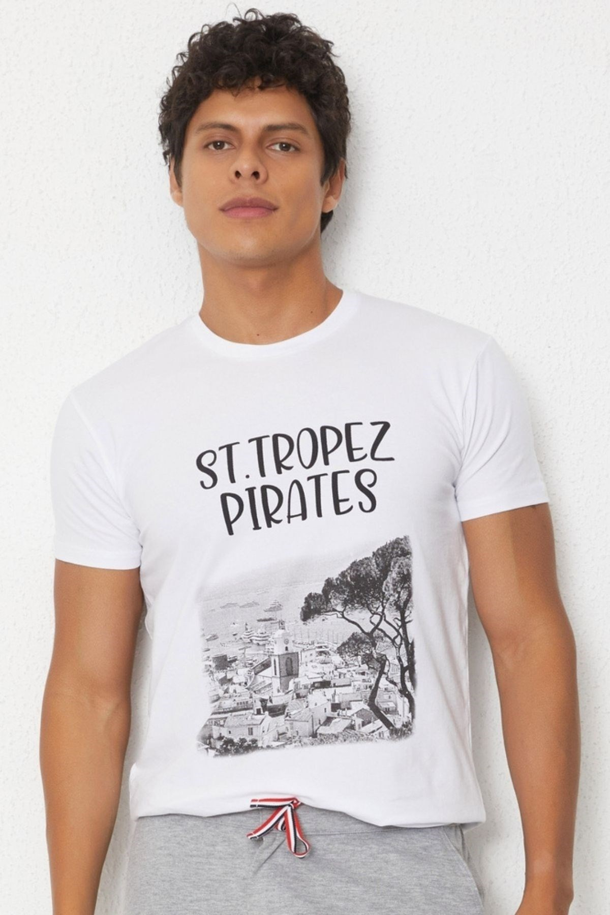 St Tropez Baskılı Erkek T Shırt-Beyaz