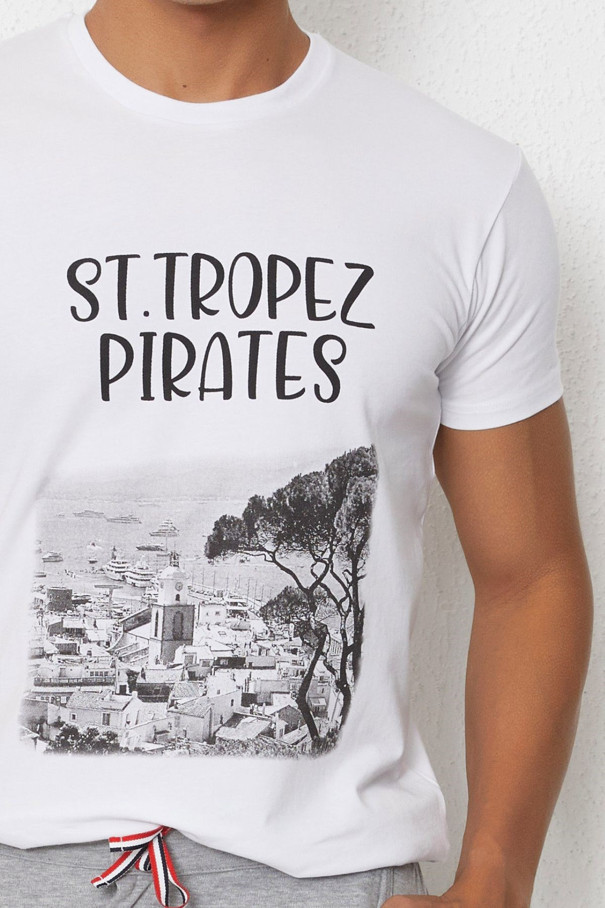 St Tropez Baskılı Erkek T Shırt-Beyaz