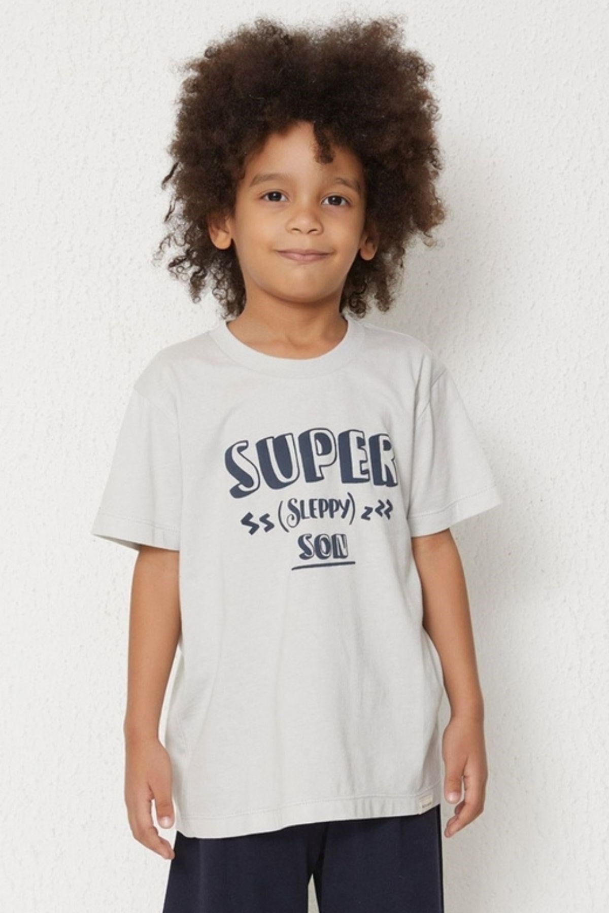 SUPER SLEEPY BASKILI ERKEK ÇOCUK ŞORT TK.-Beyaz