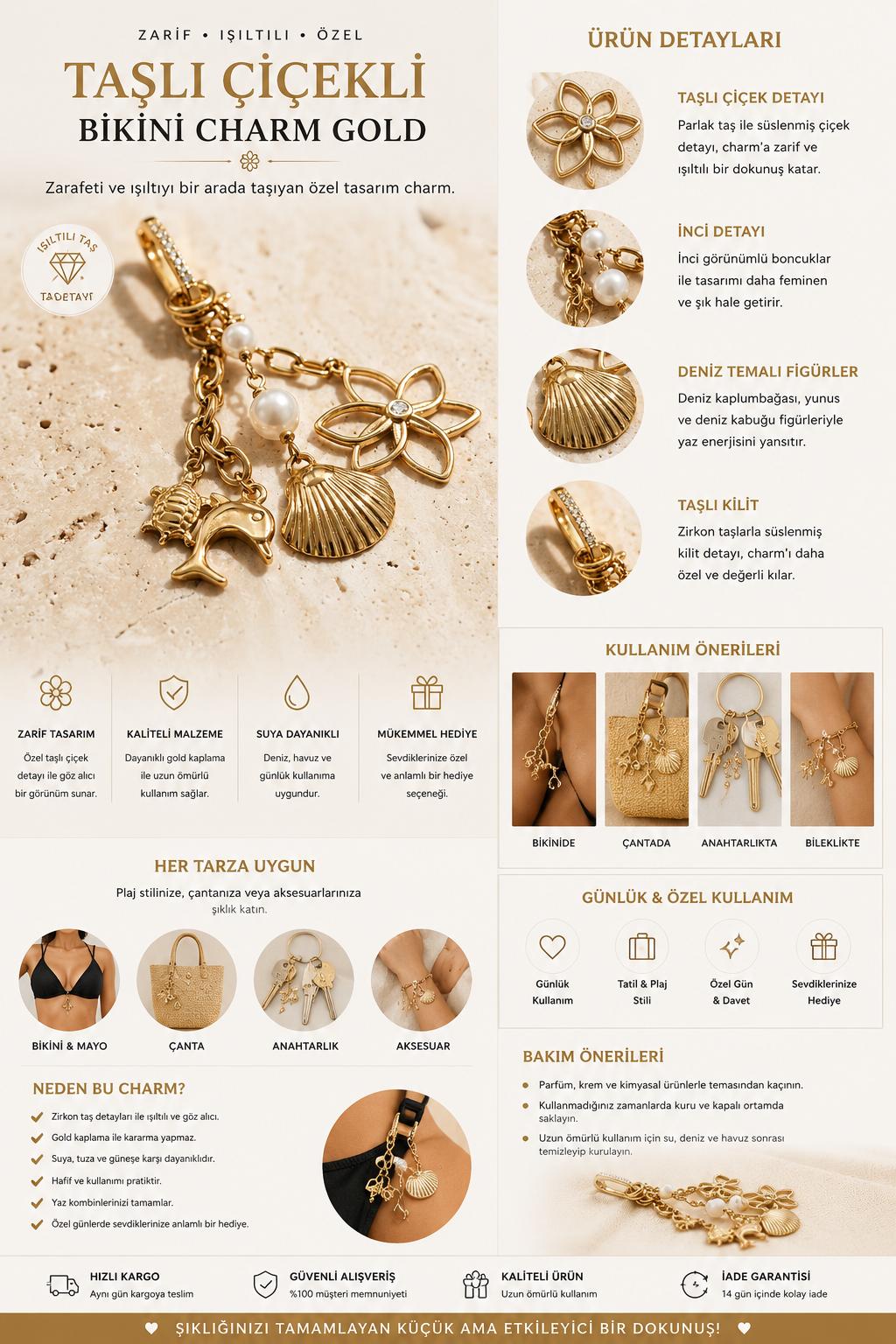 Taşlı Çiçekli Bikini Charm Gold