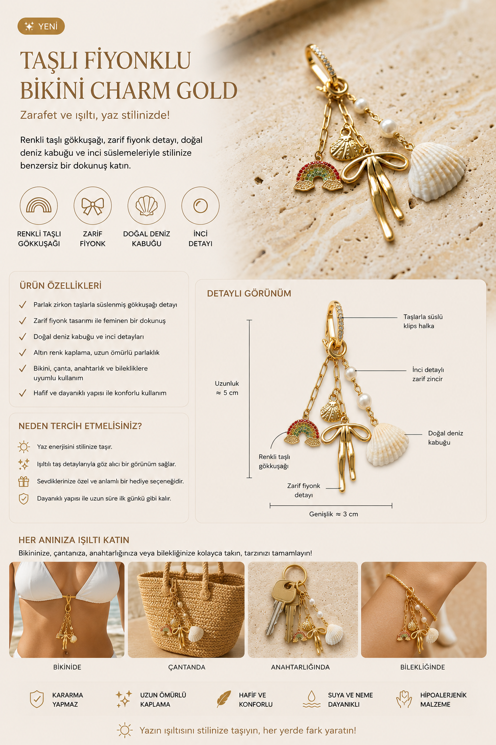 Taşlı Fiyonklu Bikini Charm Gold