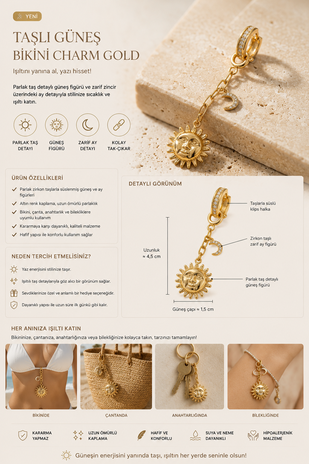 Taşlı Güneş Bikini Charm Gold