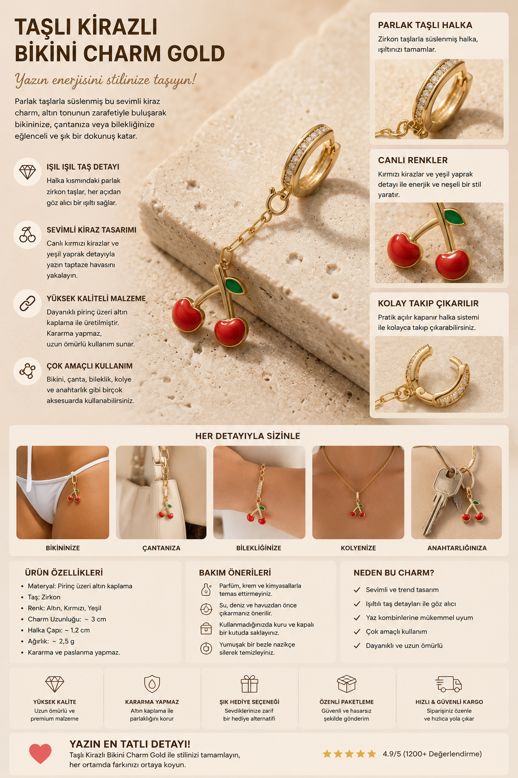Taşlı Kirazlı Bikini Charm Gold