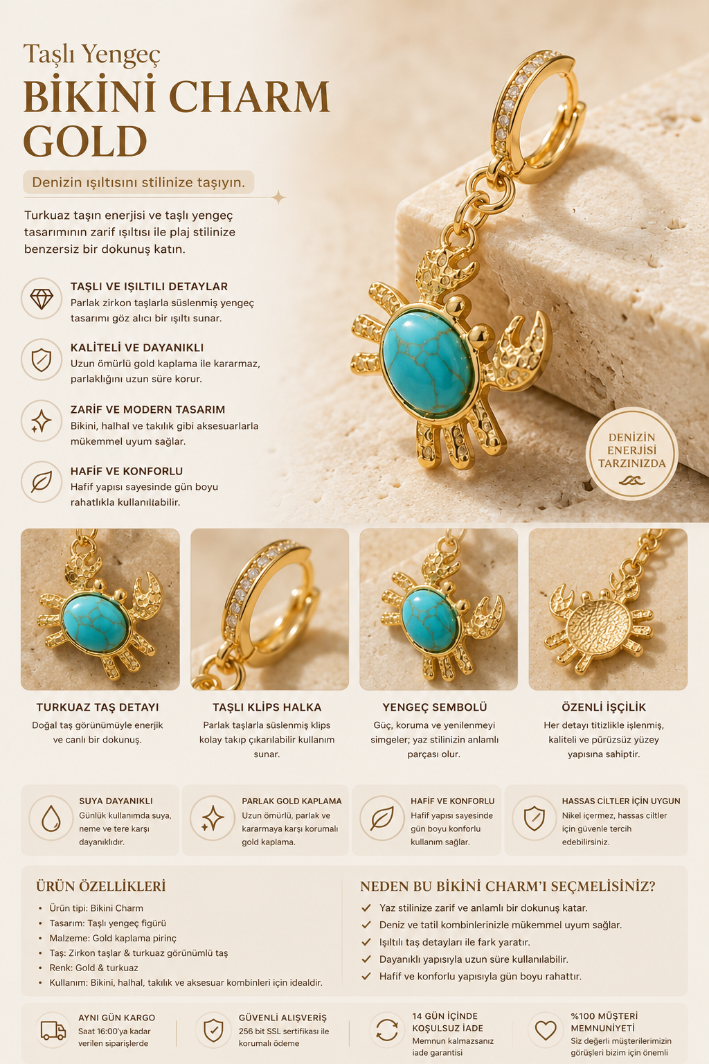 Taşlı Yengeç Bikini Charm Gold
