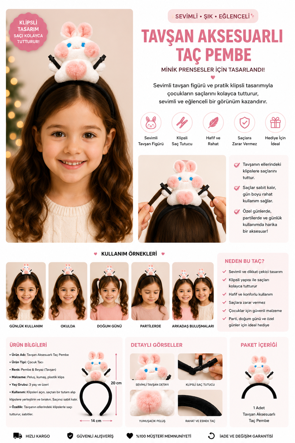 Tavşan Aksesuarlı Taç Pembe