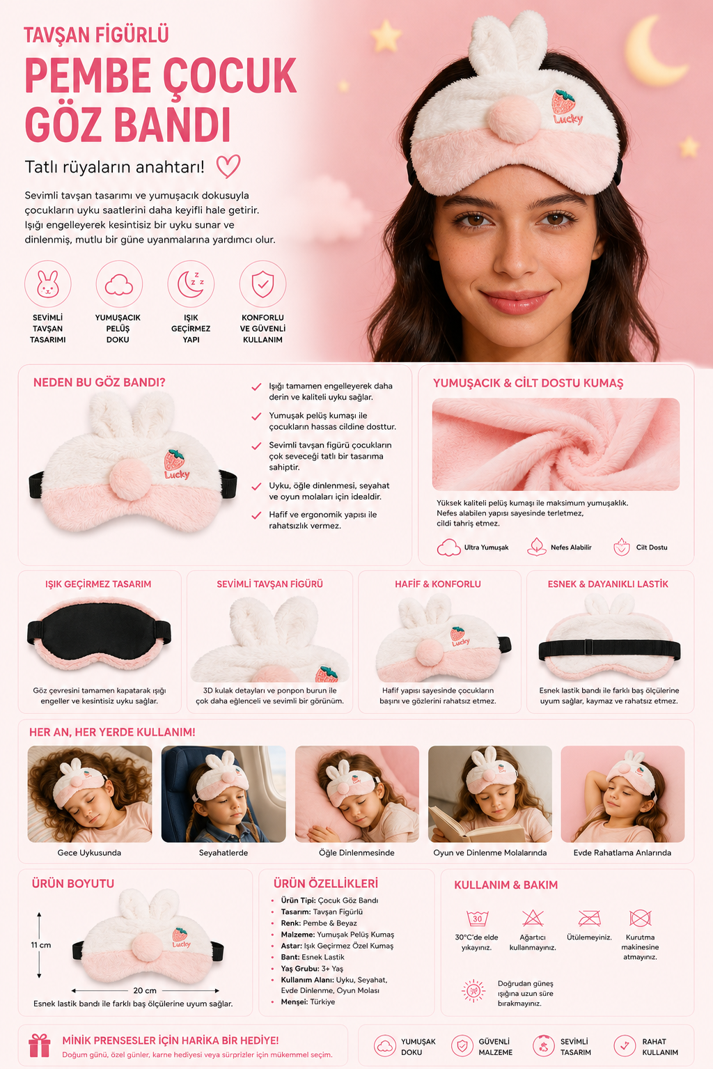 Pink Children's Eye Patch With Rabbit Figure