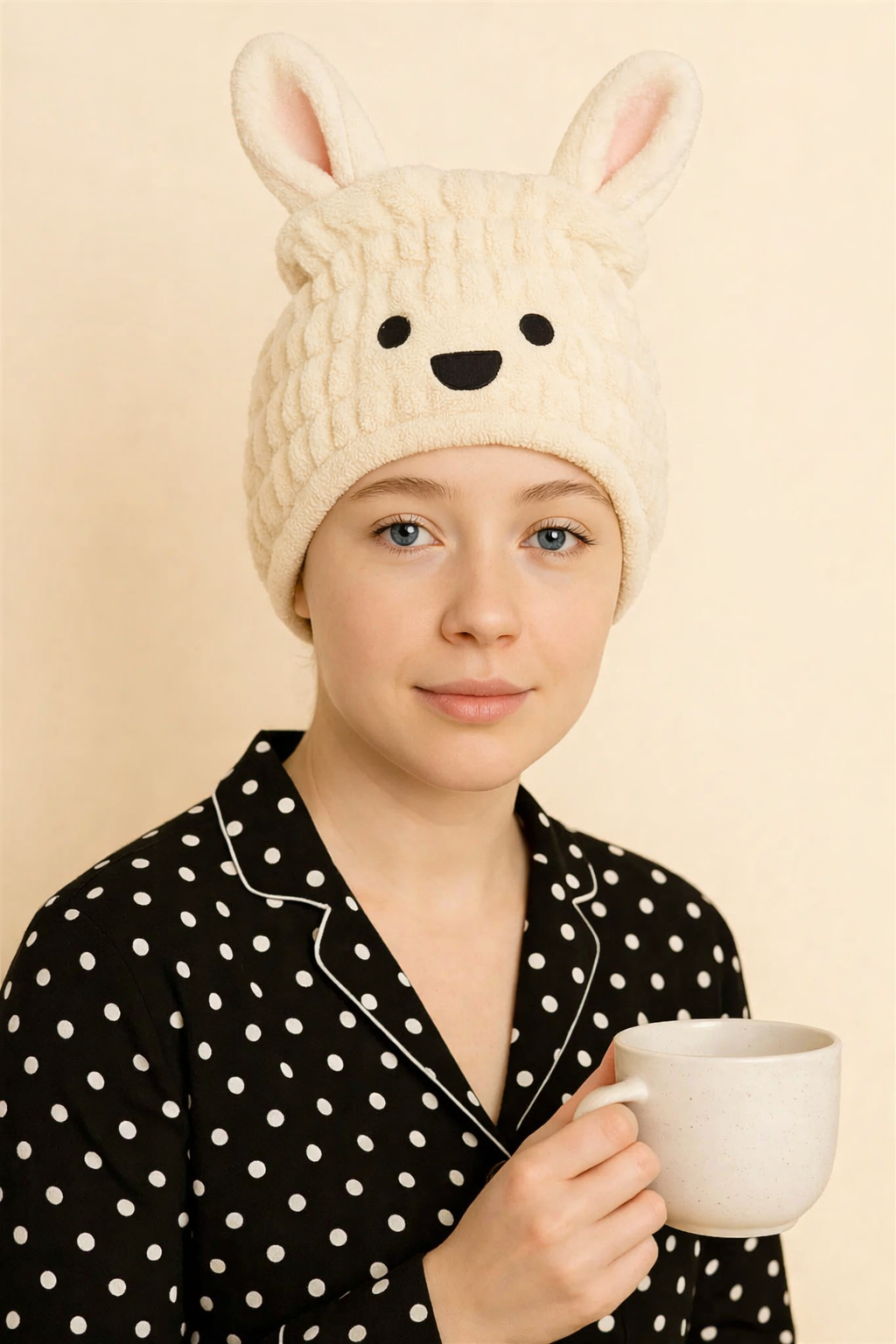 Tavşan Kulaklı Havlu Bone Krem