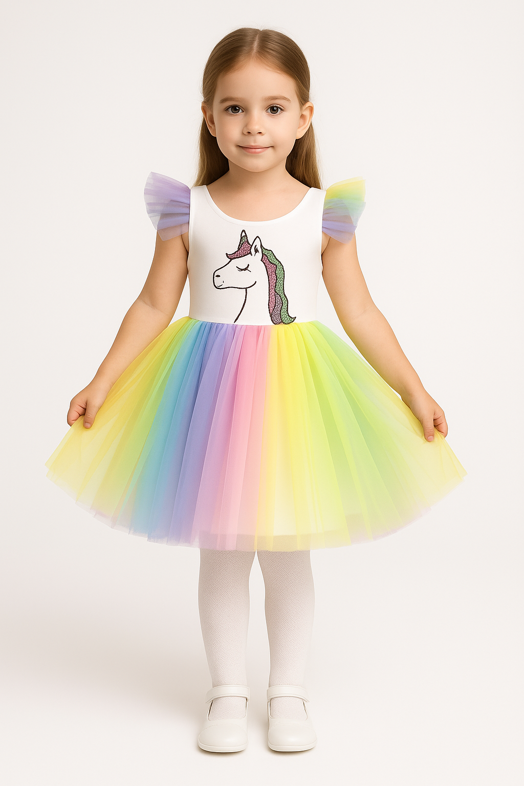 Unicorn Baskılı Rengârenk Tül Kız Çocuk Parti Elbisesi