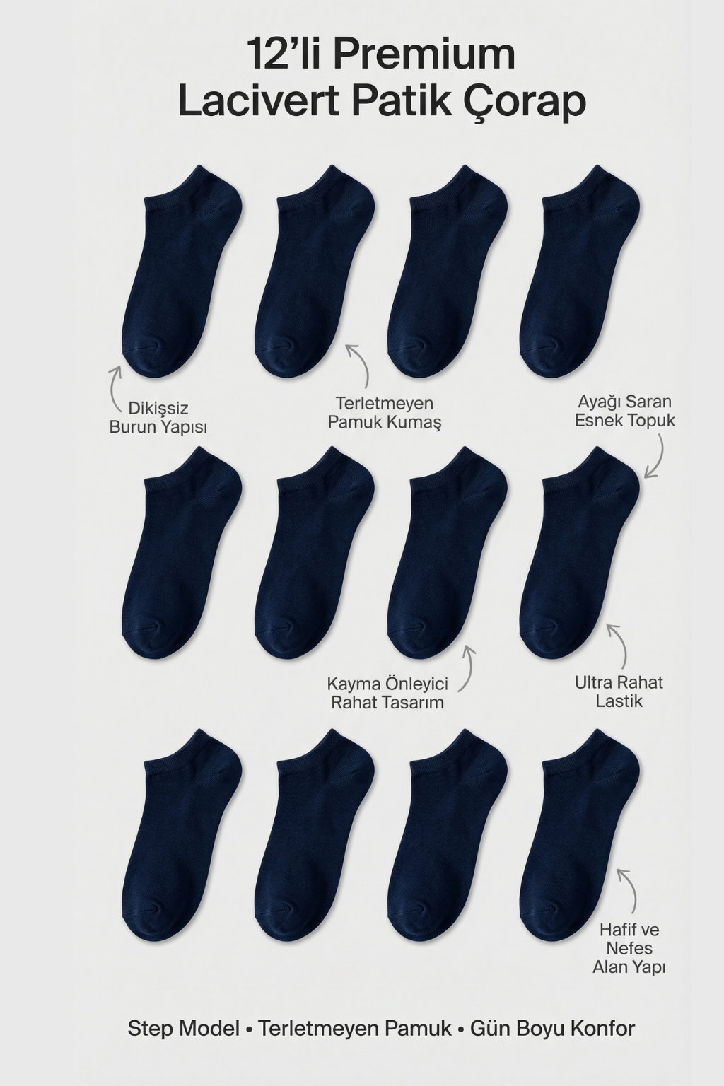 12401G2094 UNISEX 12  PCK STEP ÇORAP MIX Lacivert