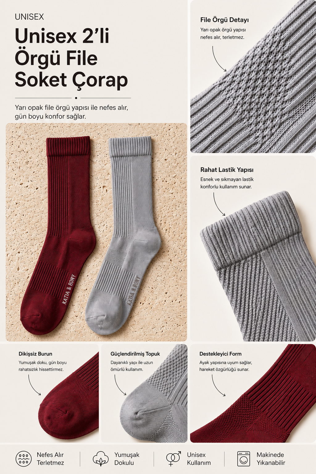 Unisex 2'li Örgü File Soket Çorap Bordo-Gri