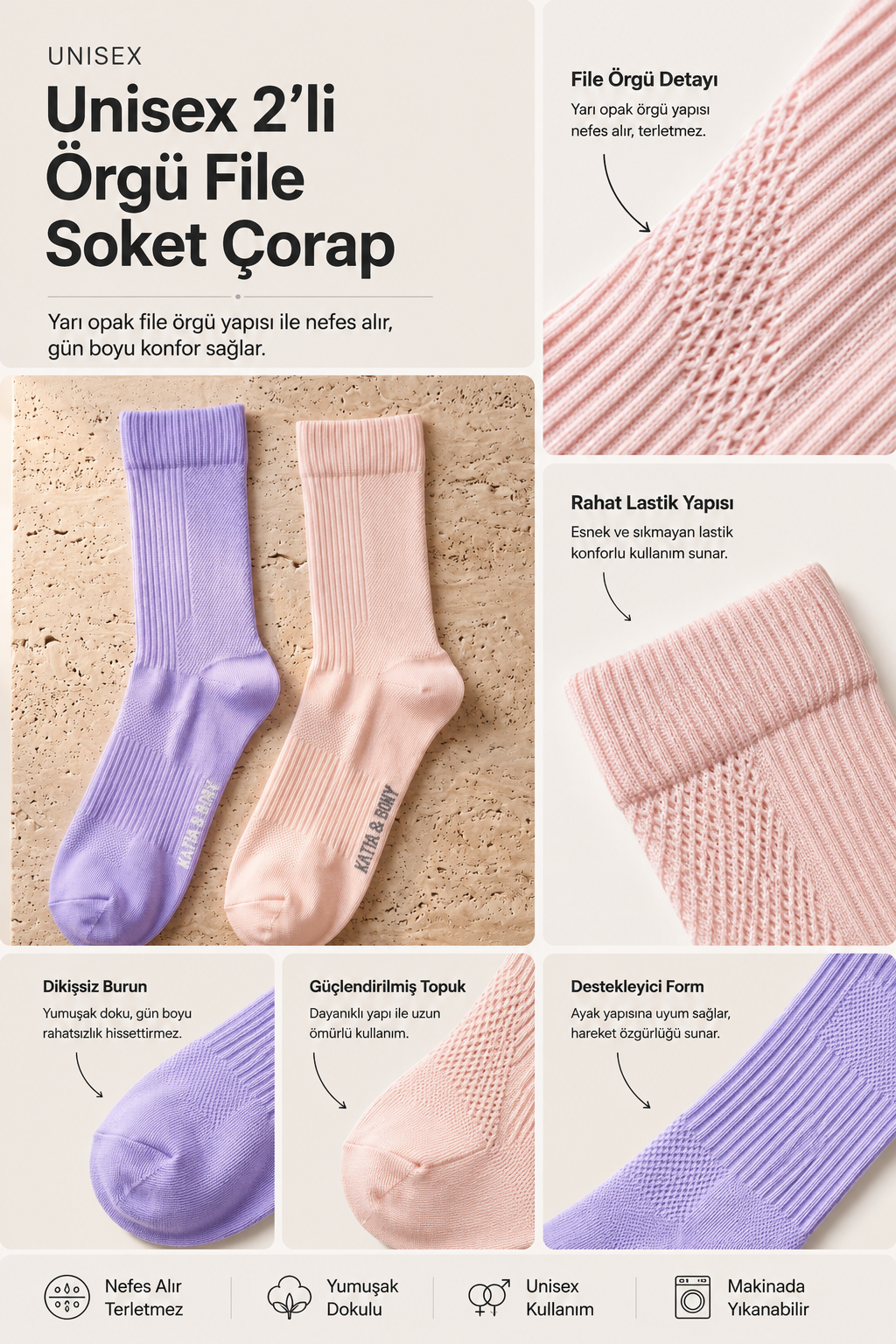 Unisex 2'li Örgü File Soket Çorap Lila-Pembe