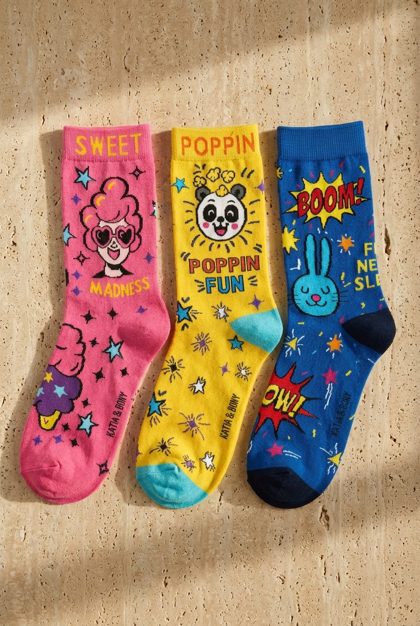 Unisex 3'lü Candy Desenli Kutulu Soket Çorap