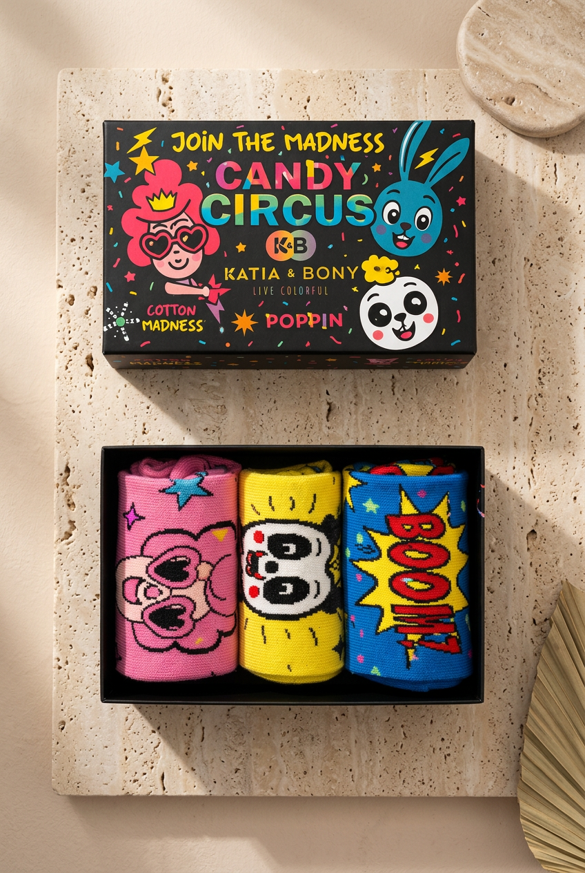 Unisex 3'lü Candy Desenli Kutulu Soket Çorap