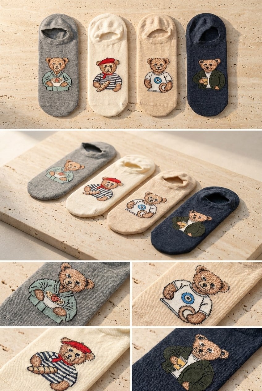Unisex 4'lü Teddy Desenli Görünmez Çorap