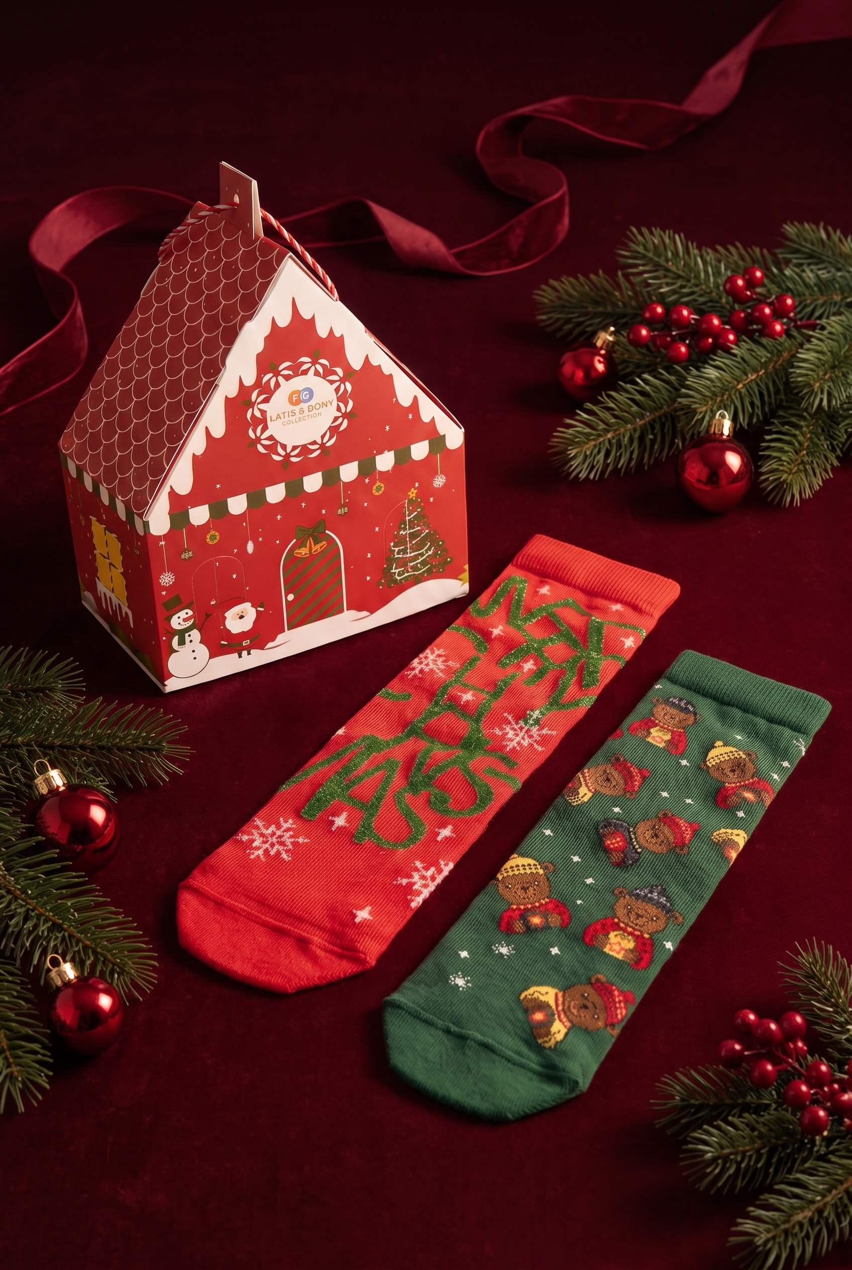 Unisex Christmas Kutulu 2'li Pamuklu Soket Çorap