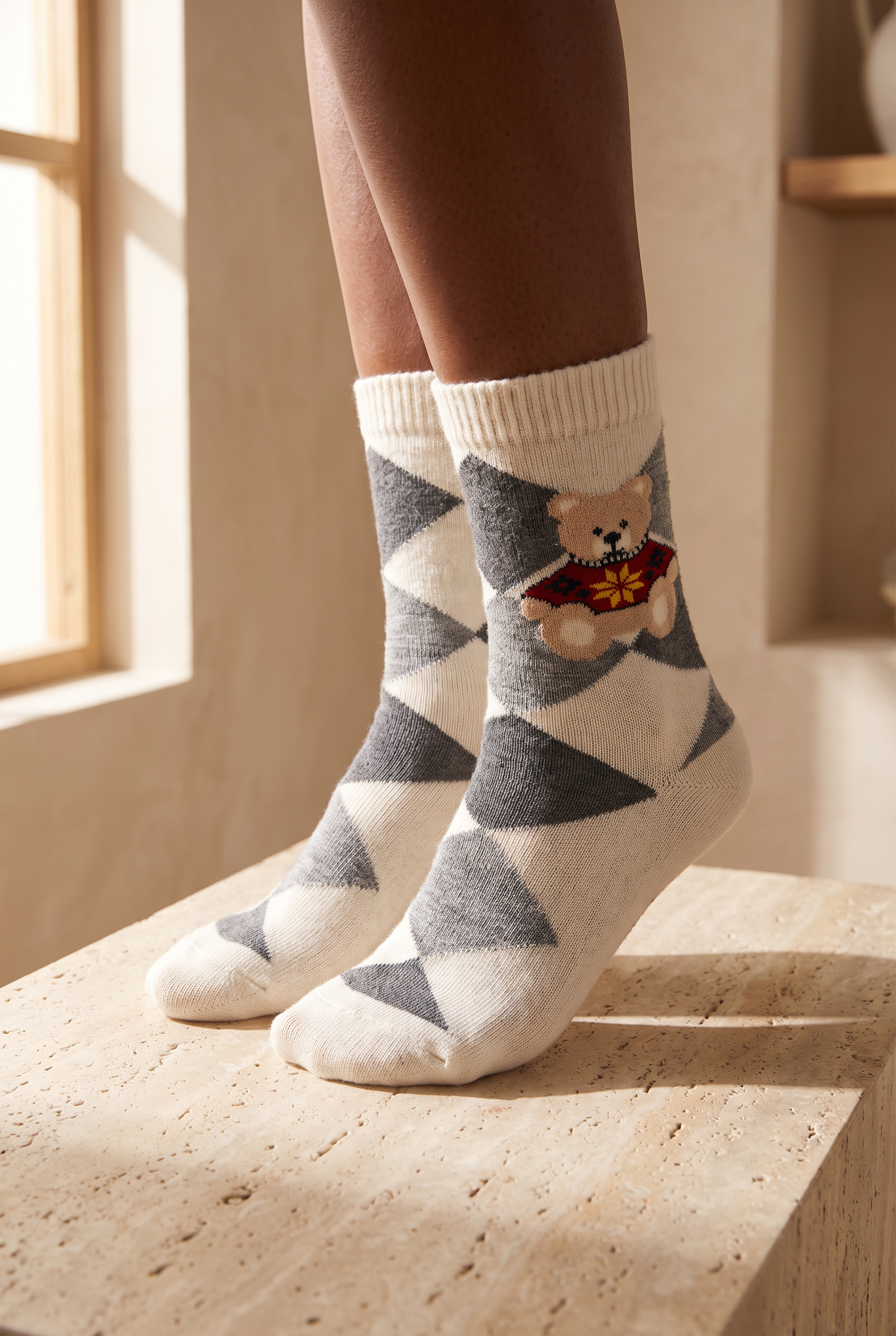 Unisex Ekoseli Teddy Yün Soket Çorap Ekru