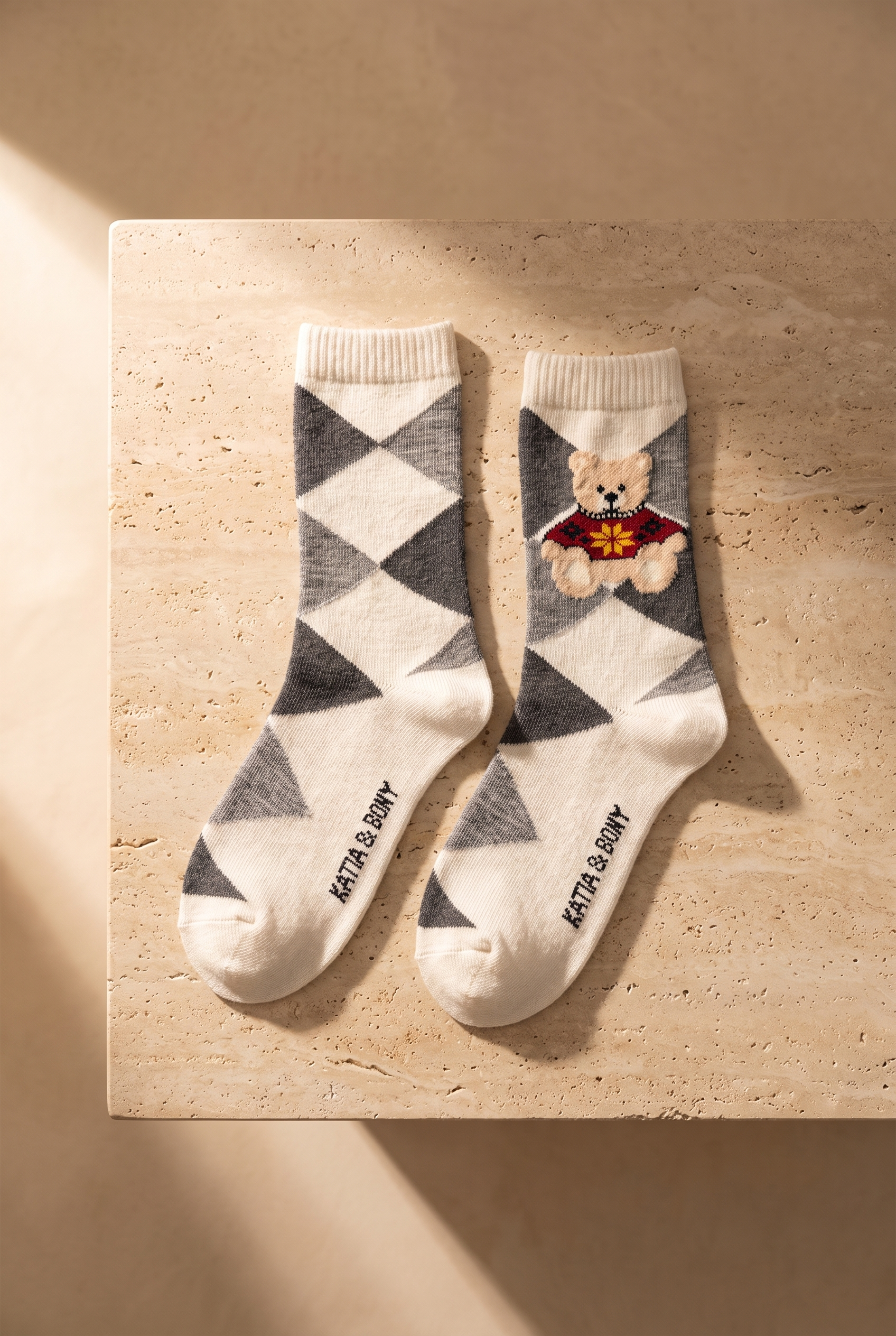 Unisex Ekoseli Teddy Yün Soket Çorap Ekru