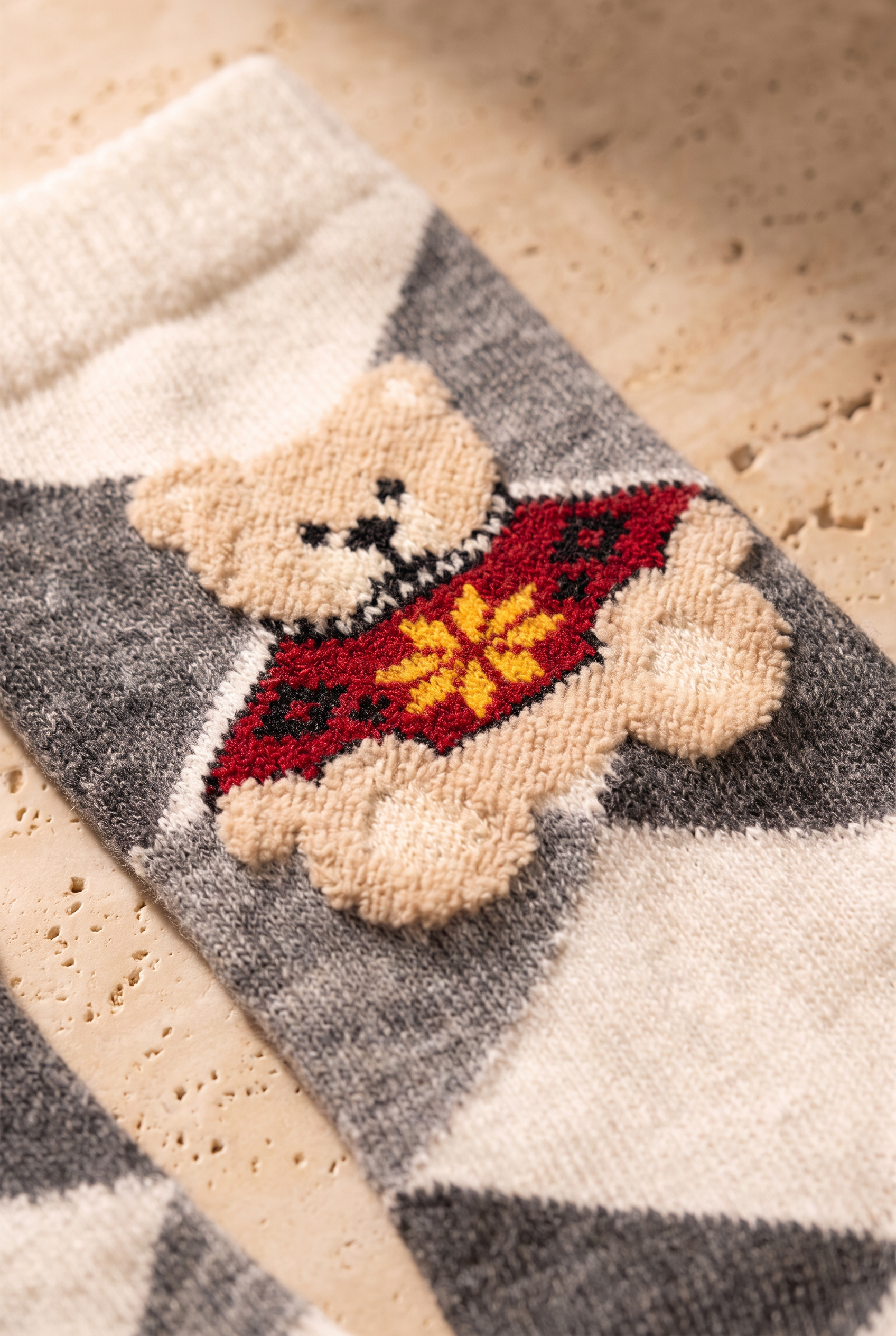 Unisex Ekoseli Teddy Yün Soket Çorap Ekru