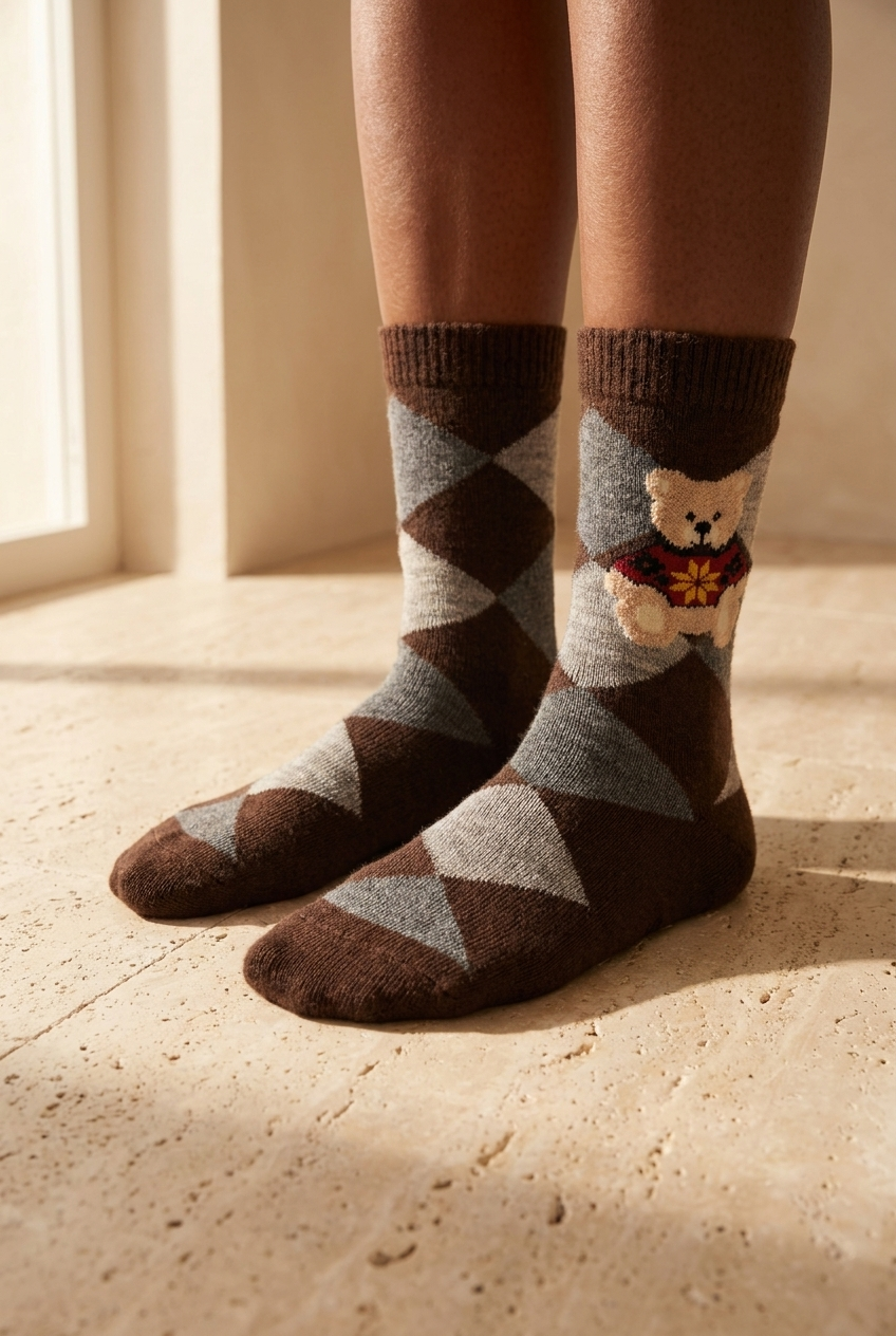 Unisex Ekoseli Teddy Yün Soket Çorap Kahverengi
