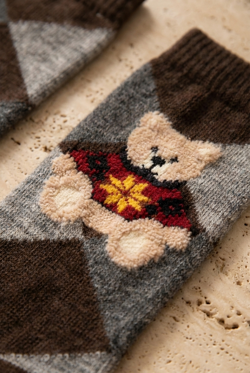 Unisex Ekoseli Teddy Yün Soket Çorap Kahverengi