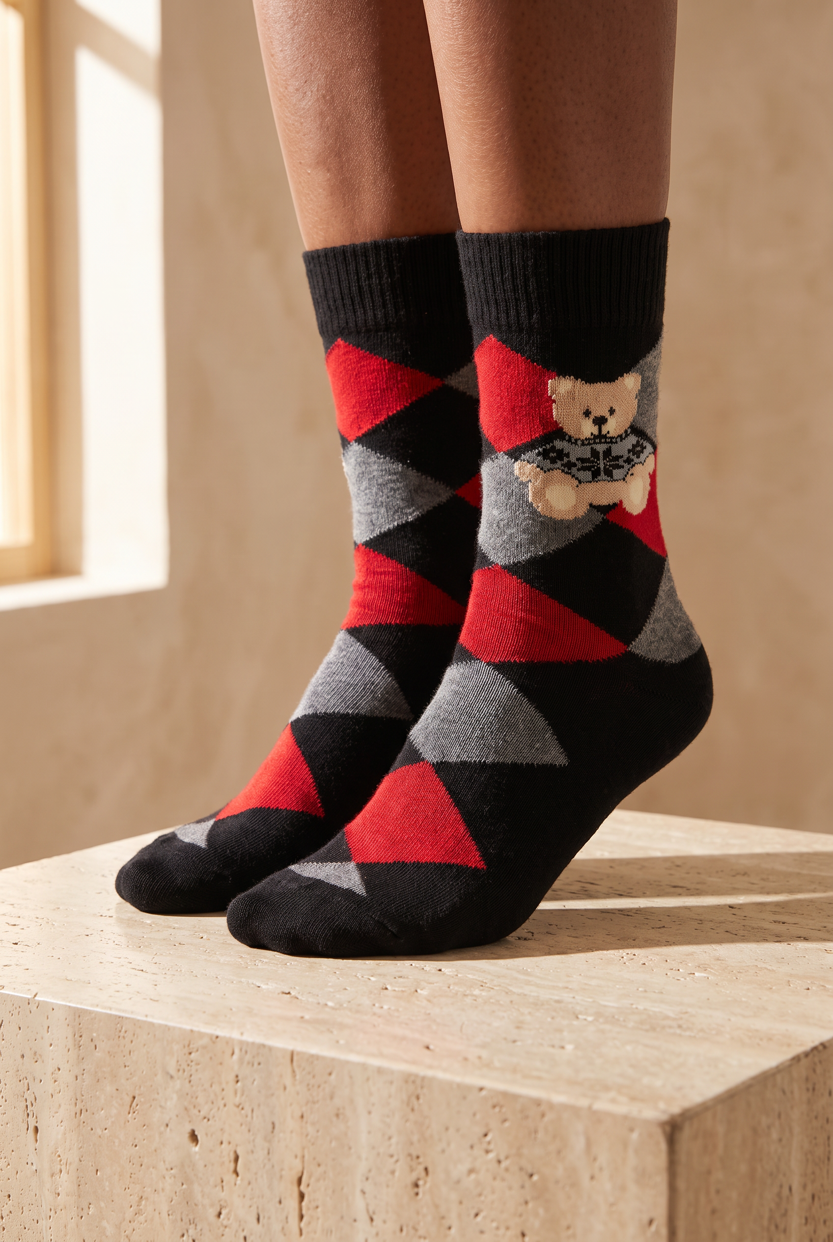 Unisex Ekoseli Teddy Yün Soket Çorap Siyah