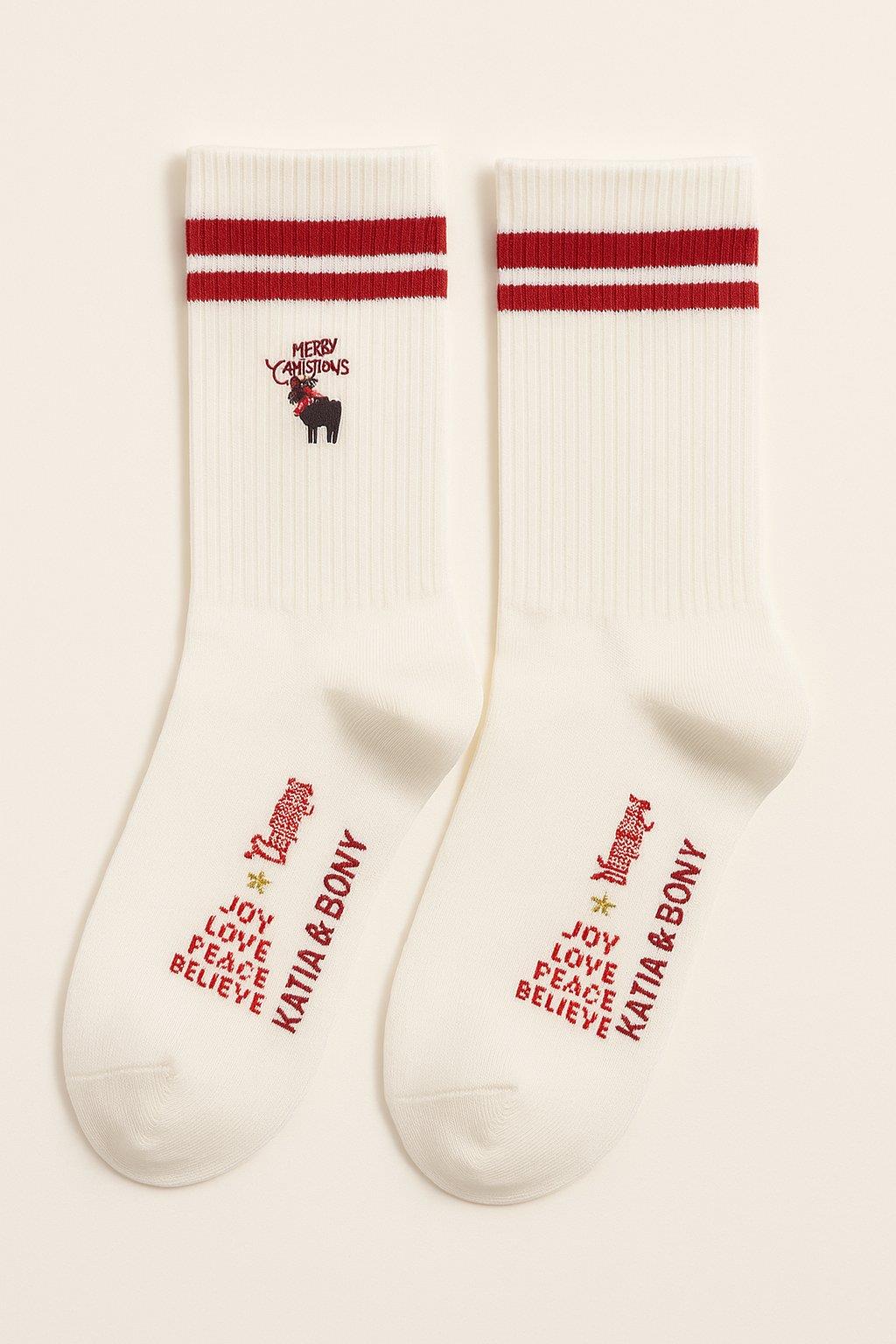 Unisex Geyikli Yılbaşı Soket Çorap Beyaz