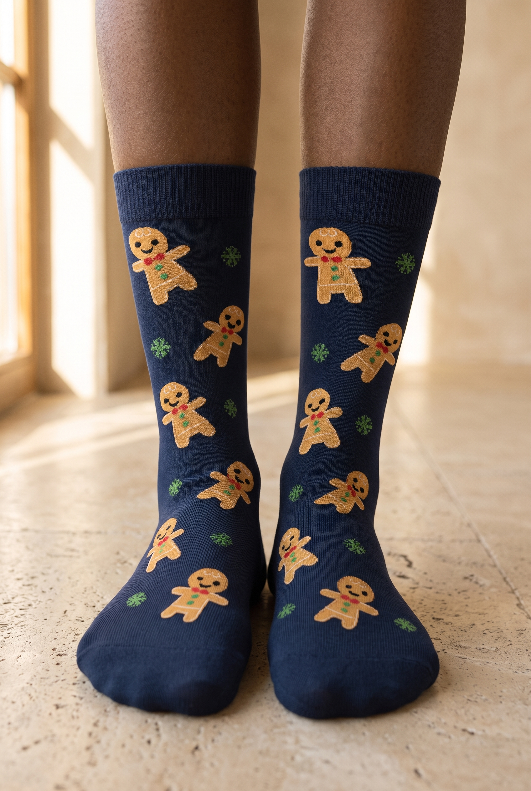 Unisex Ginger Breadman Desenli Yılbaşı Temalı Soket Çorap Lacivert