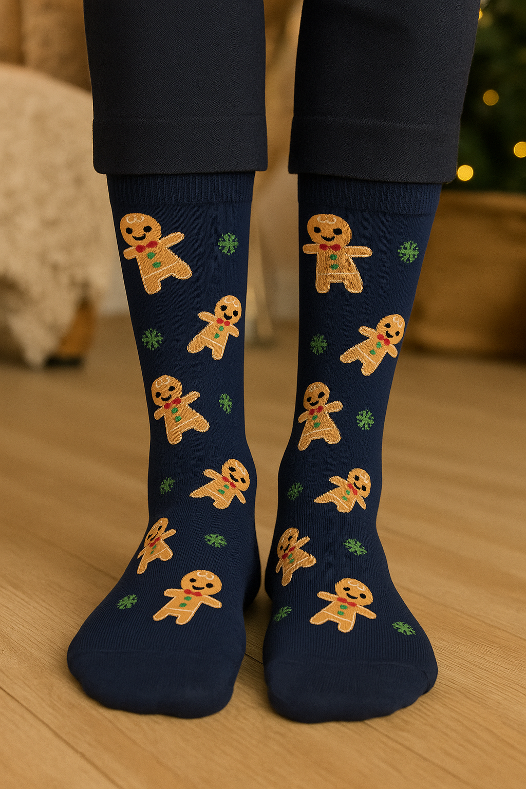 Unisex Ginger Breadman Desenli Yılbaşı Temalı Soket Çorap Lacivert