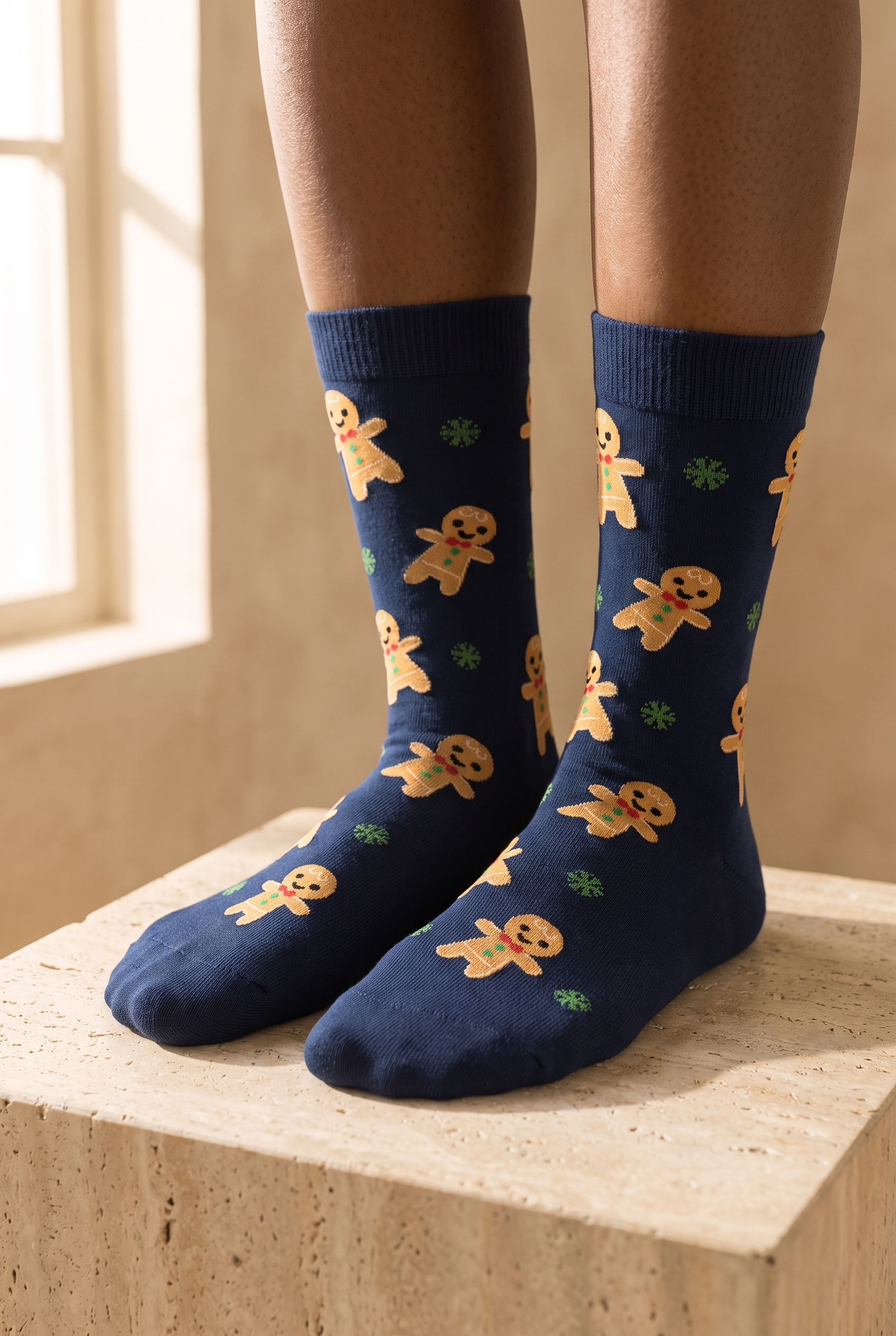 Unisex Ginger Breadman Desenli Yılbaşı Temalı Soket Çorap Lacivert