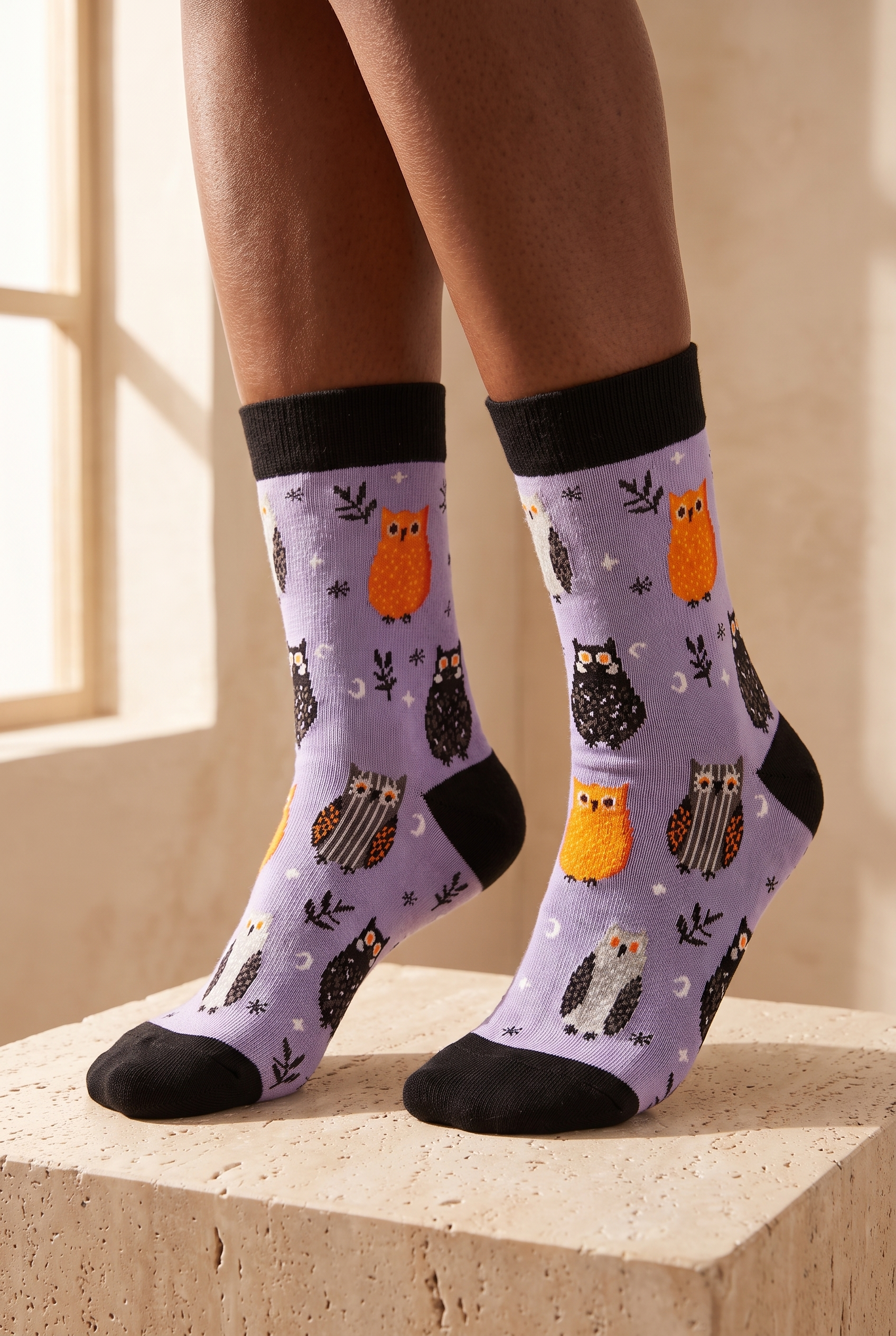 Unisex Halloween Temalı Baykuş Desenli Soket Çorap Lila